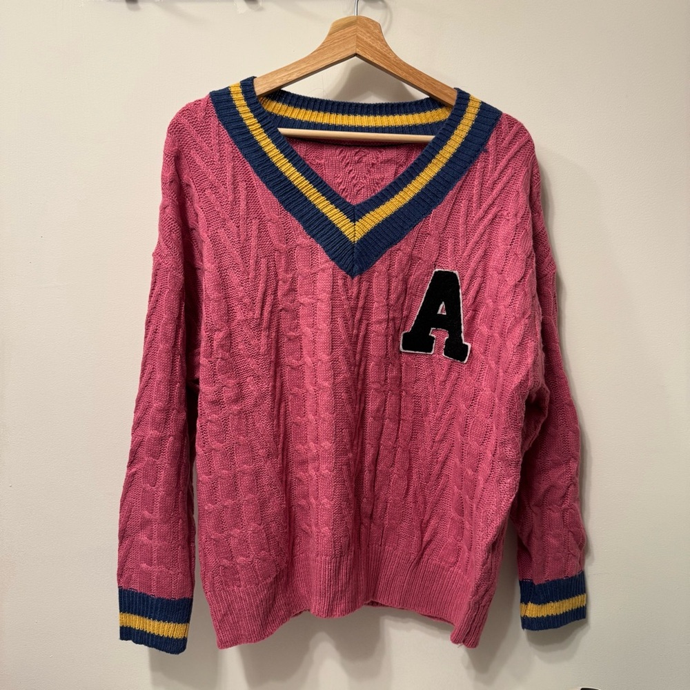 Pink Cable Knit Sweater with Letter Patch